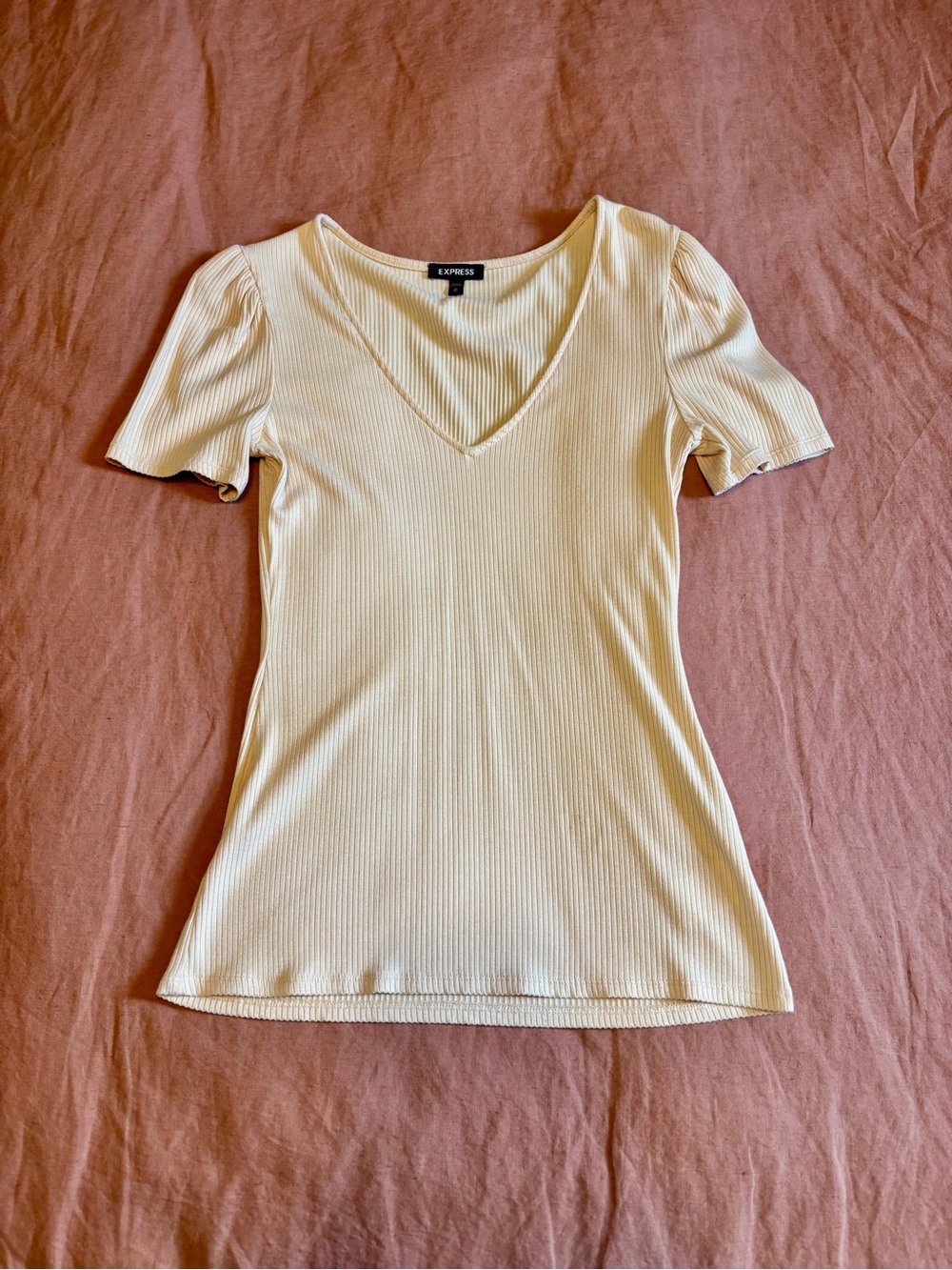 Express Cream Ribbed V-Neck Short Sleeve Top with Puff Sleeves